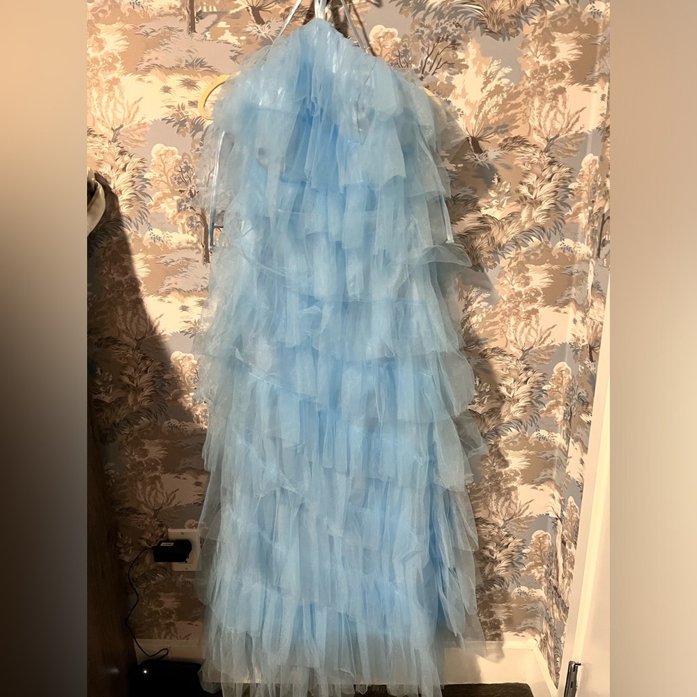 Blue maxi tulle ruffle halter dress